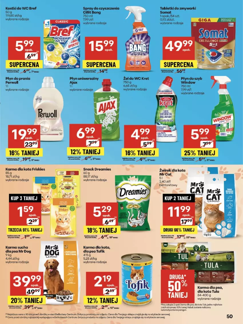 Gazetka promocyjna Delikatesy Centrum - Franczyza DC35 Czwartek - ważna 28.08 do 03.09.2025 - strona 50 - produkty: Ajax, Bref, Cillit Bang, Dior, Friskies, Kret, Perwoll, Płyn do prania, Płyn do szyb, Rum, Somat, Spray do czyszczenia, Tablet, Tabletki do zmywarki, Zmywarki
