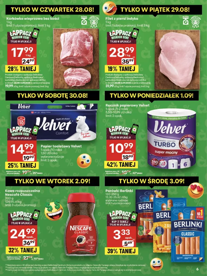 Gazetka promocyjna Delikatesy Centrum - Franczyza DC35 Czwartek - ważna 28.08 do 03.09.2025 - strona 6 - produkty: Berlinki, Dron, Filet z piersi indyka, K2, Kawa, Kawa rozpuszczalna, Olej, Papier, Parówki, Ręcznik, Rum, Top, Velvet