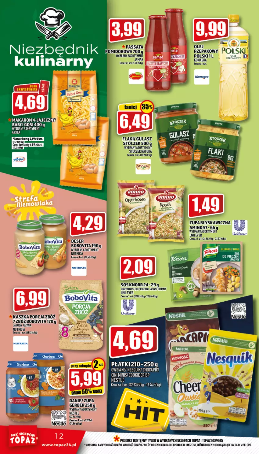 Gazetka promocyjna Topaz - Gazetka - ważna 17.06 do 22.06.2022 - strona 12 - produkty: BoboVita, Cini Minis, Deser, Flaki, Gerber, Gra, Knorr, Makaron, Olej, Piec, Por, Ser, Sok, Top, Zupa