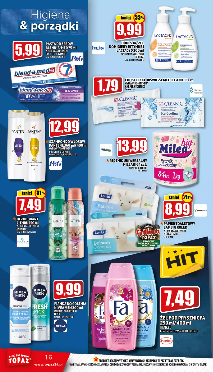 Gazetka promocyjna Topaz - Gazetka - ważna 17.06 do 22.06.2022 - strona 16 - produkty: Blend-a-Med, C-Thru, Chusteczki, Cleanic, Dezodorant, Lactacyd, Mule, Nivea, Nivea Men, Pantene, Pianka do golenia, Ręcznik, Sok, Szampon, Top, Wasa