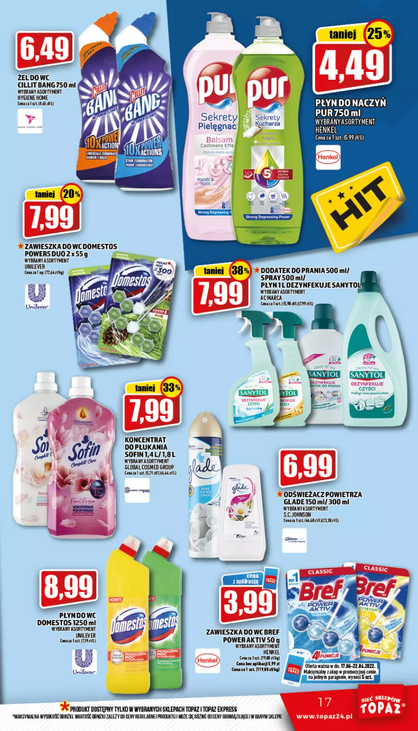 Gazetka promocyjna Topaz - Gazetka - ważna 17.06 do 22.06.2022 - strona 17 - produkty: Bref, Cillit Bang, Domestos, Odświeżacz powietrza, Pur, Sanytol, Sok, Top, Zawieszka do wc