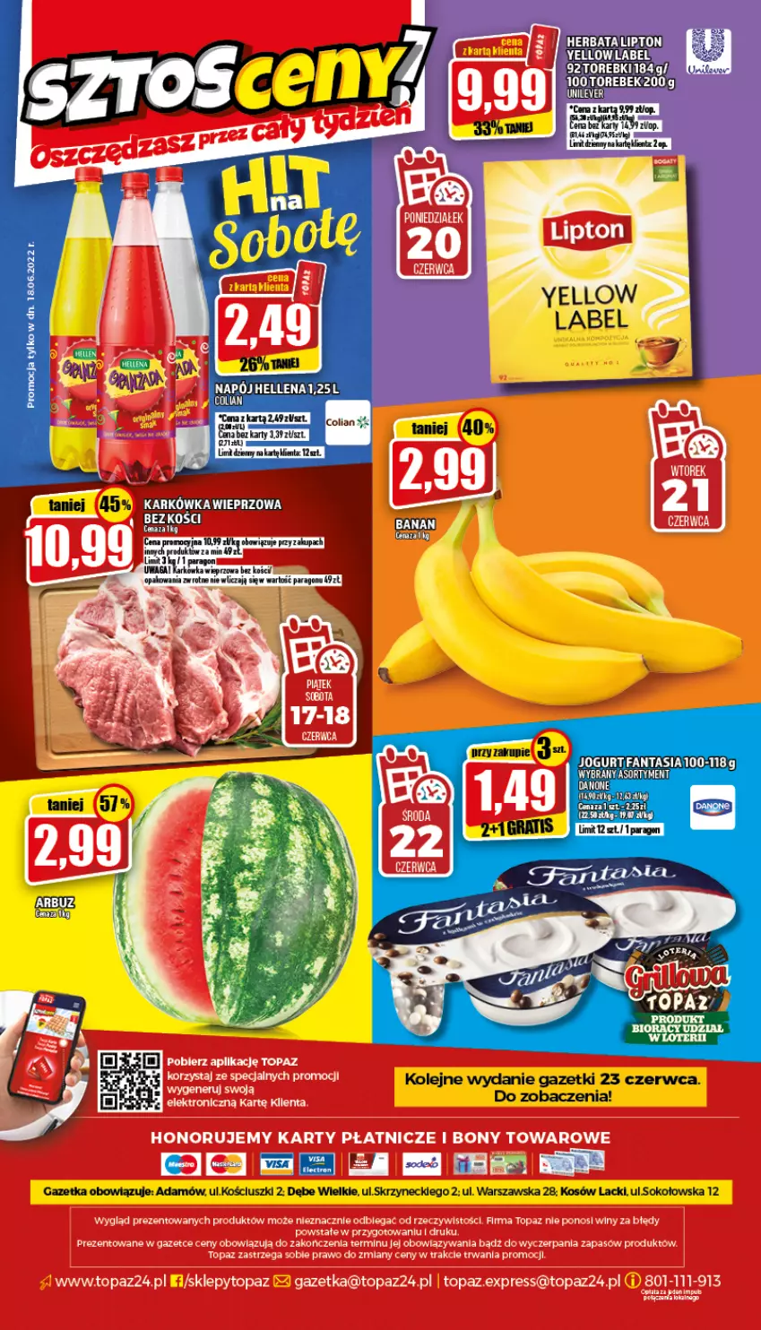 Gazetka promocyjna Topaz - Gazetka - ważna 17.06 do 22.06.2022 - strona 20 - produkty: Fa, Fanta, Hellena, Herbata, Jogurt, Lack, Lipton, Napój, Olej, Sok, Waga