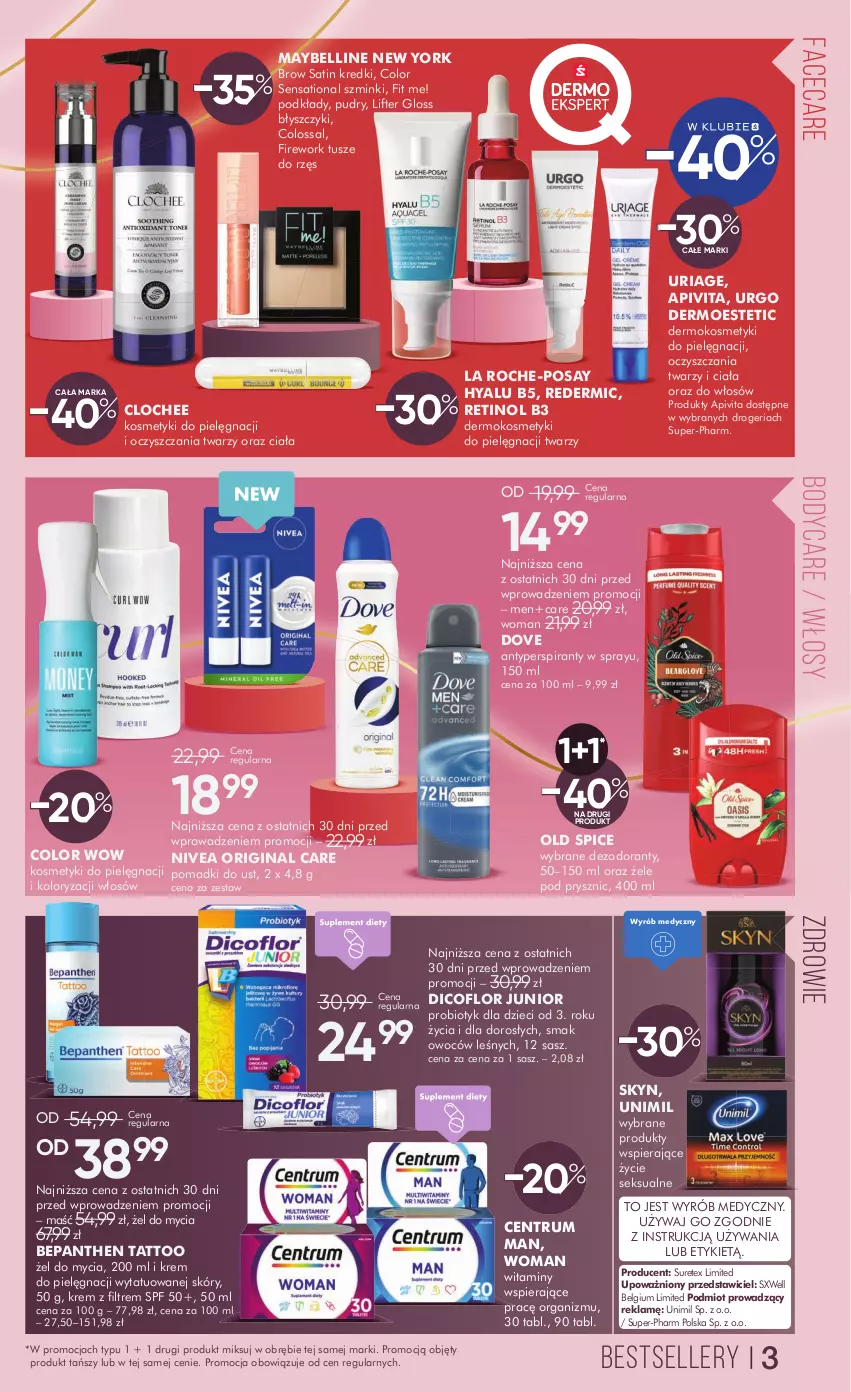 Gazetka promocyjna Super Pharm - Gazetka - ważna 14.02 do 27.02.2025 - strona 3 - produkty: Antyperspirant, Bell, Bepanthen, Body, Dezodorant, Dicoflor, Dove, Dzieci, Fa, Gin, Kosmetyki do pielęgnacji, La Roche-Posay, LG, Maybelline, Nivea, Old Spice, Podkład, Probiotyk, Rum, Sati, Skyn, Tusz, Unimil, Urgo, Zdrowie