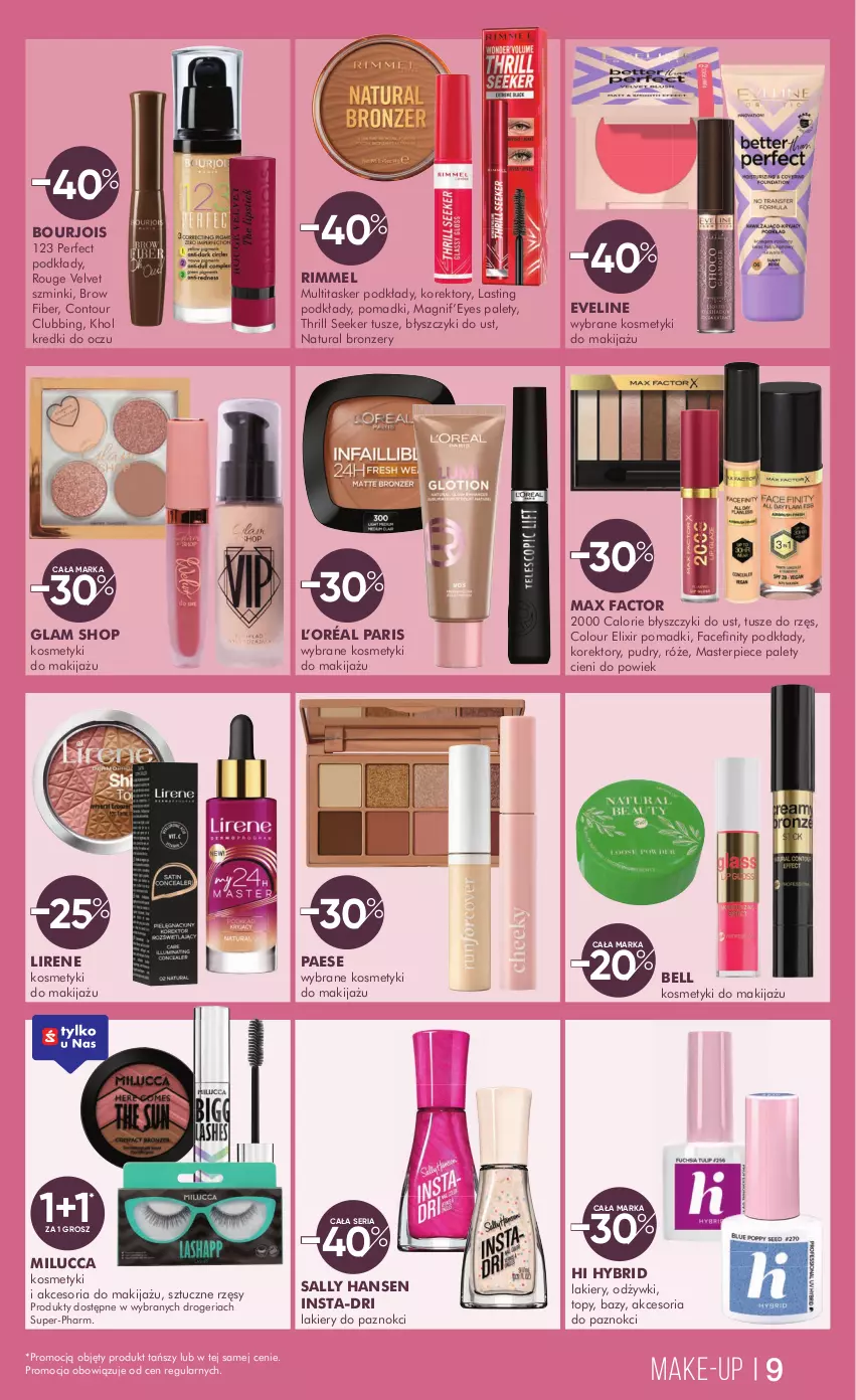 Gazetka promocyjna Super Pharm - Gazetka - ważna 14.02 do 27.02.2025 - strona 9 - produkty: Bell, Bourjois, Bronzer, Eveline, Fa, L’Oréal, Lakier, Lirene, Makijaż, Max Factor, PAESE, Piec, Podkład, Sally Hansen, Ser, Sztuczne rzęsy, Top, Tusz, Velvet