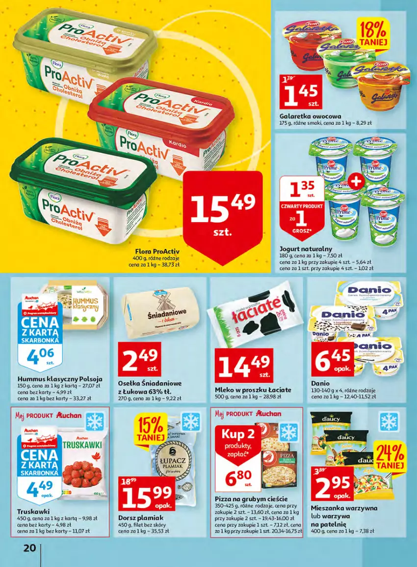 Gazetka promocyjna Auchan - Włoska kuchnia jest w cenie Hipermarkety - ważna 05.05 do 11.05.2022 - strona 20 - produkty: Danio, Dorsz, Flora, Gala, Galaretka, Hummus, Jogurt, Jogurt naturalny, Mieszanka warzyw, Mleko, Mleko w proszku, Mus, Pizza, Truskawki, Warzywa