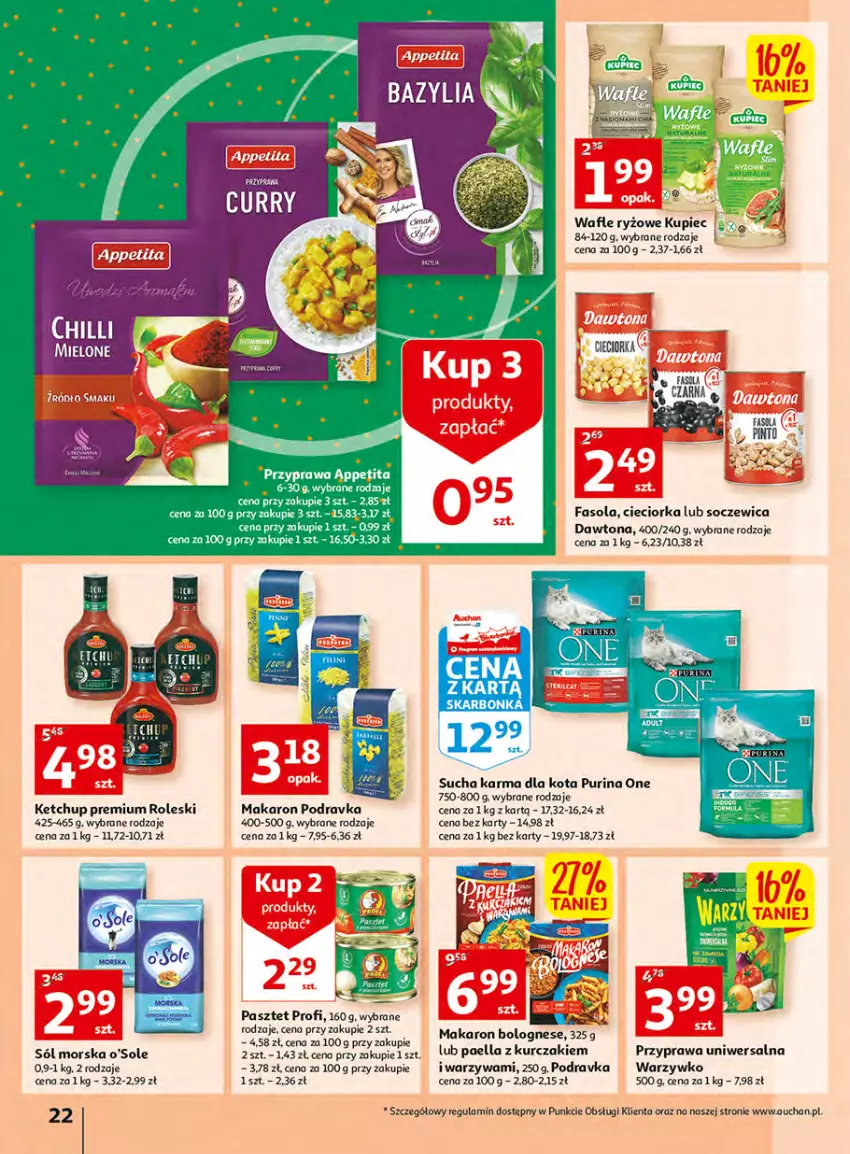 Gazetka promocyjna Auchan - Włoska kuchnia jest w cenie Hipermarkety - ważna 05.05 do 11.05.2022 - strona 22 - produkty: Bazyl, Bazylia, Cieciorka, Dawtona, Fa, Fasola, Ketchup, Kupiec, Makaron, Orka, Pasztet, Piec, Podravka, Pur, Purina, Ryż, Sucha karma, Wafle, Warzywa