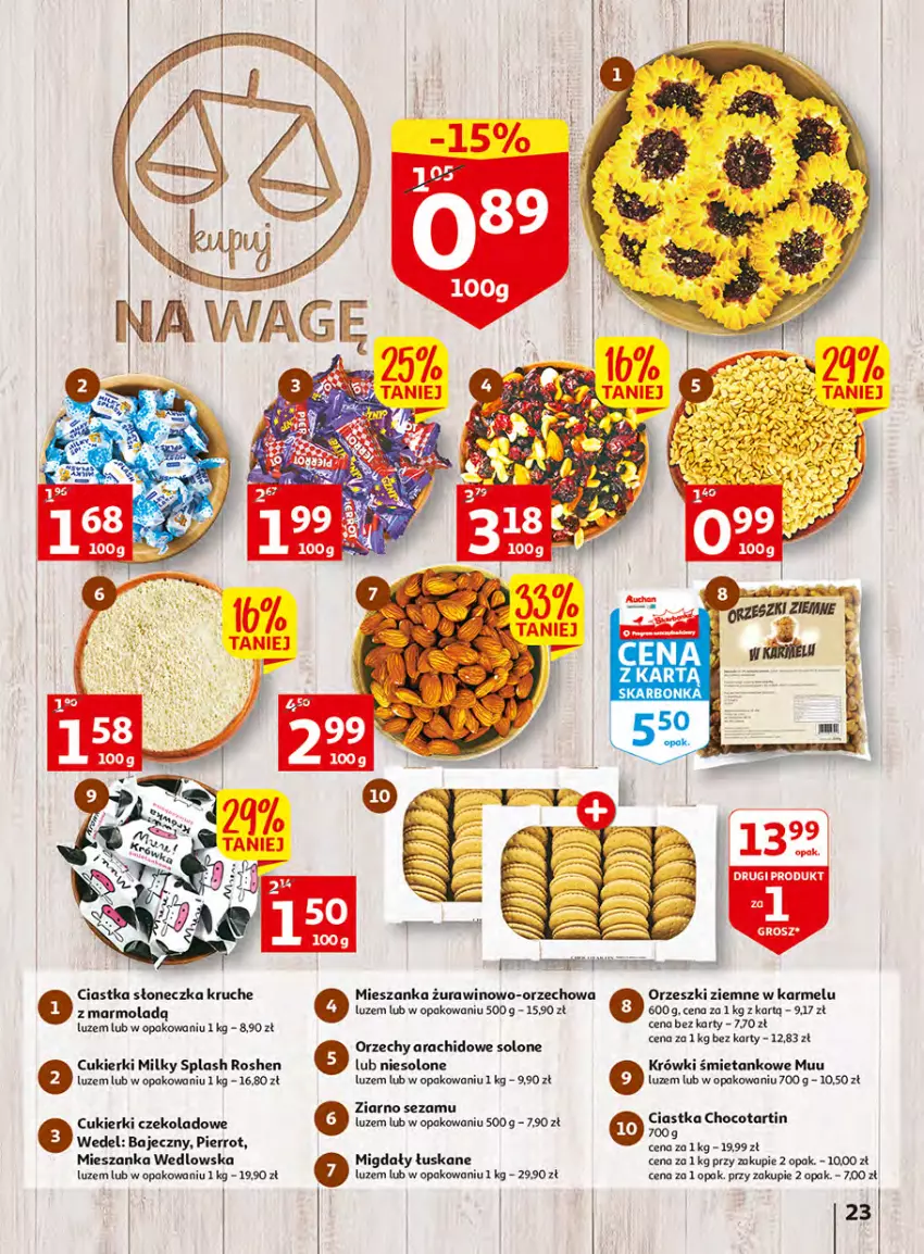 Gazetka promocyjna Auchan - Włoska kuchnia jest w cenie Hipermarkety - ważna 05.05 do 11.05.2022 - strona 23 - produkty: Ciastka, Cukier, Cukierki, Cukierki czekoladowe, Mieszanka wedlowska, Migdały, Migdały łuskane, Mola, Orzeszki, Orzeszki ziemne, Sezam, Wino