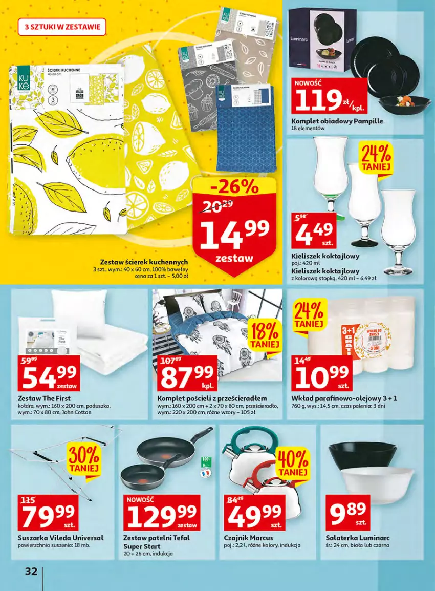 Gazetka promocyjna Auchan - Włoska kuchnia jest w cenie Hipermarkety - ważna 05.05 do 11.05.2022 - strona 32 - produkty: Czajnik, Fa, Kieliszek, Kołdra, Komplet obiadowy, Komplet pościeli, Olej, Poduszka, Pościel, Prześcieradło, Salaterka, Suszarka, Tefal, Top, Vileda