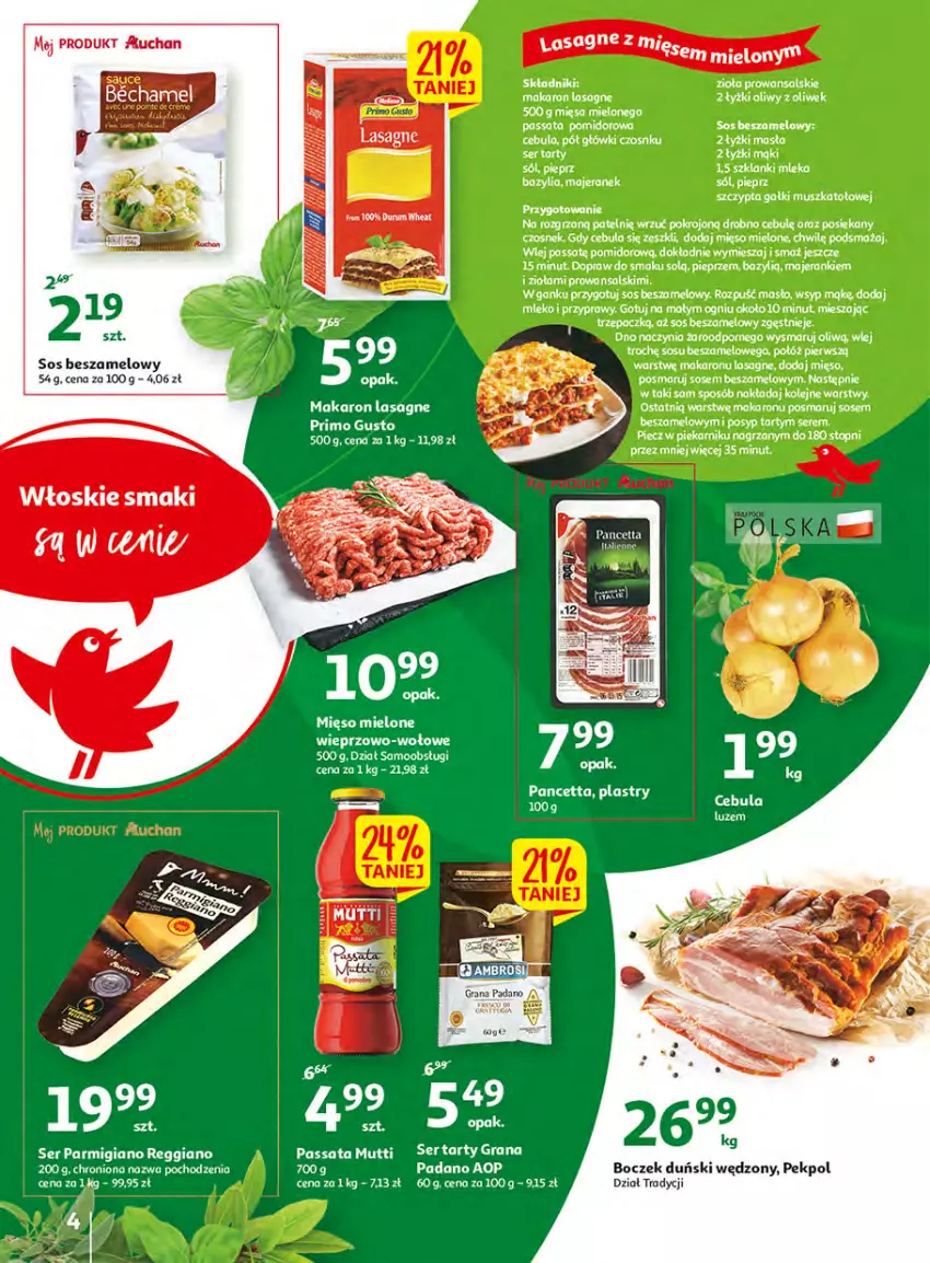 Gazetka promocyjna Auchan - Włoska kuchnia jest w cenie Hipermarkety - ważna 05.05 do 11.05.2022 - strona 4 - produkty: Bazyl, Bazylia, Boczek, Cebula, Czosnek, Fa, Gra, Lanki, Lasagne, LG, Makaron, Mięso, Mięso mielone, Mleko, Mus, Olej, Pekpol, Piec, Piekarnik, Pieprz, Por, Przyprawy, Ser, Sos