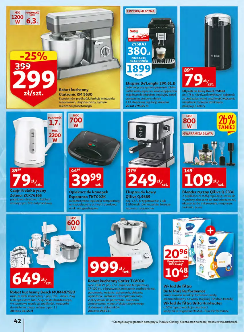 Gazetka promocyjna Auchan - Włoska kuchnia jest w cenie Hipermarkety - ważna 05.05 do 11.05.2022 - strona 42 - produkty: Blender, Blender ręczny, Bosch, Brit, Brita, Czajnik, Kawa, Majonez, Maszynka, Mikser, Młynek, Opiekacz do kanapek, Pojemnik, Pur, Robot, Ser, Szynka, Top, Waga, Zelmer