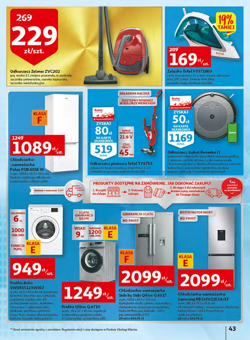 Gazetka promocyjna Auchan - Włoska kuchnia jest w cenie Hipermarkety - ważna 05.05 do 11.05.2022 - strona 43 - produkty: Beko, Bielizna, Chłodziarka, Fa, Gra, Grunt, IRobot, Kosz, Odkurzacz, Odkurzacz bezprzewodowy, Orka, Por, Pralka, Robot, Samsung, Szczotka, Tefal, Top, Ubrania, UHU, Wełna, Zamrażarka, Zelmer