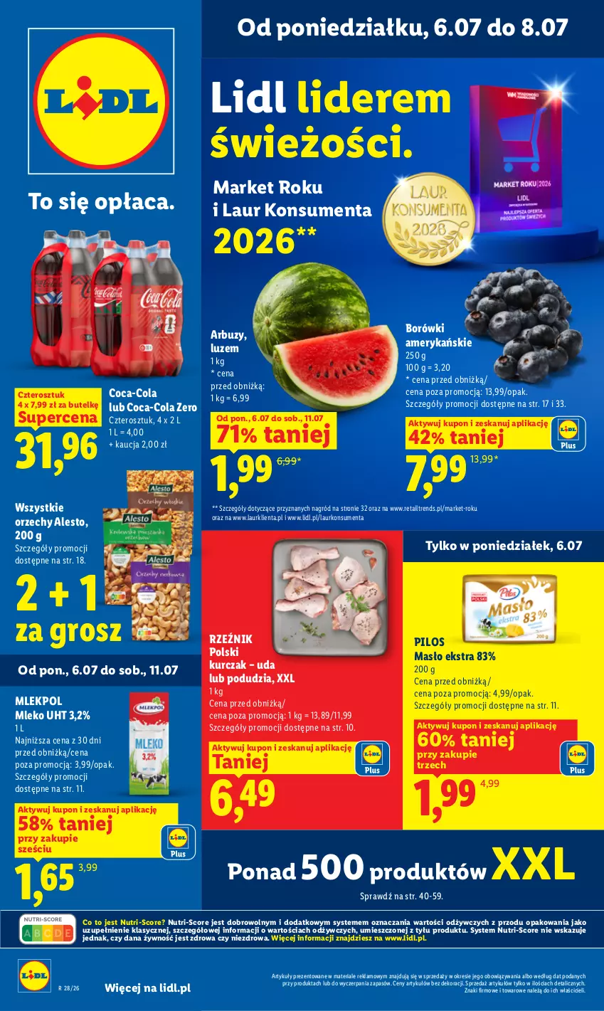 Gazetka promocyjna Lidl - Gazetka ważna od 6.07 do 8.07 - ważna 06.07 do 08.07.2026 - strona 1 - produkty: Arbuz, Coca-Cola, Kurczak, Laur, Masło, Mleko, Pilos