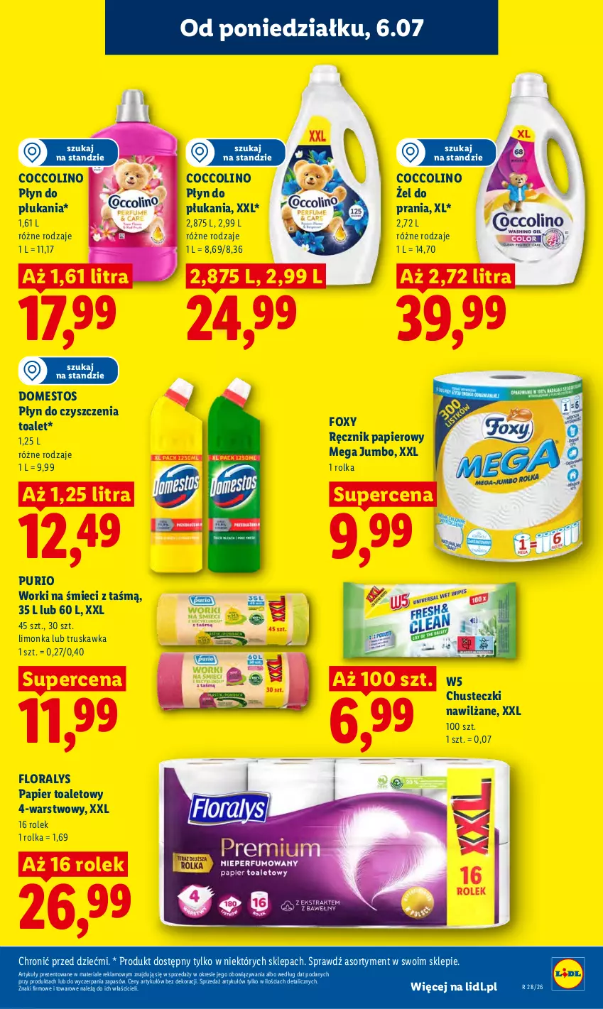 Gazetka promocyjna Lidl - Gazetka ważna od 6.07 do 8.07 - ważna 06.07 do 08.07.2026 - strona 57 - produkty: Chusteczki, Coccolino, Domestos, Flora, Foxy, Limonka, Papier, Papier toaletowy, Płyn do płukania, Pur, Ręcznik, Worki na śmiec, Worki na śmieci