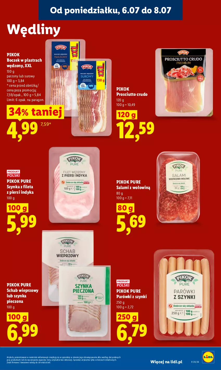 Gazetka promocyjna Lidl - Gazetka ważna od 6.07 do 8.07 - ważna 06.07 do 08.07.2026 - strona 67 - produkty: Boczek, Parówki, Parówki z szynki, Piec, PIKOK, Prosciutto, Pur, Salami, Schab wieprzowy, Szynka