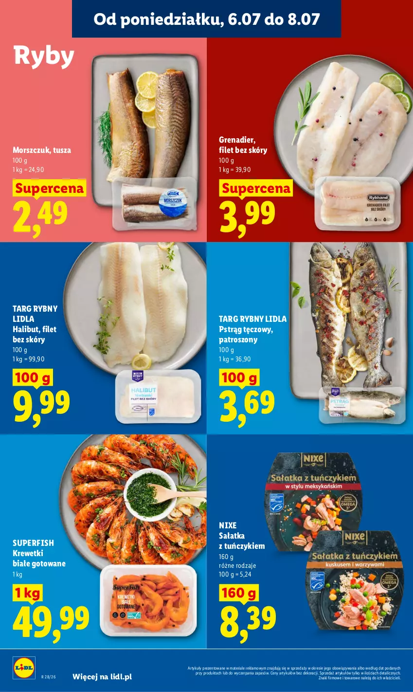 Gazetka promocyjna Lidl - Gazetka ważna od 6.07 do 8.07 - ważna 06.07 do 08.07.2026 - strona 70 - produkty: Grenadier, Halibut, Krewetki, Pstrąg, Pstrąg tęczowy, Sałat, Sałatka, Tuńczyk, Tusz