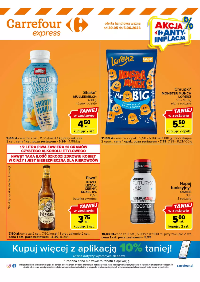 Gazetka promocyjna Carrefour - Gazetka Express - ważna 30.05 do 05.06.2023 - strona 1 - produkty: Chrupki, Kosz, Kozel, Lorenz, Monster Munch, Napój, Oshee, Piwo