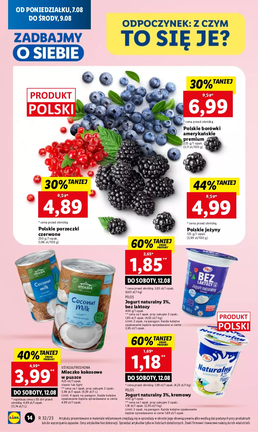 Gazetka promocyjna Lidl - GAZETKA - ważna 07.08 do 12.08.2023 - strona 30 - produkty: Jeżyny, Jogurt, Jogurt naturalny, Kokos, Mleczko, Olej, Pilos, Por, Porzeczki czerwone