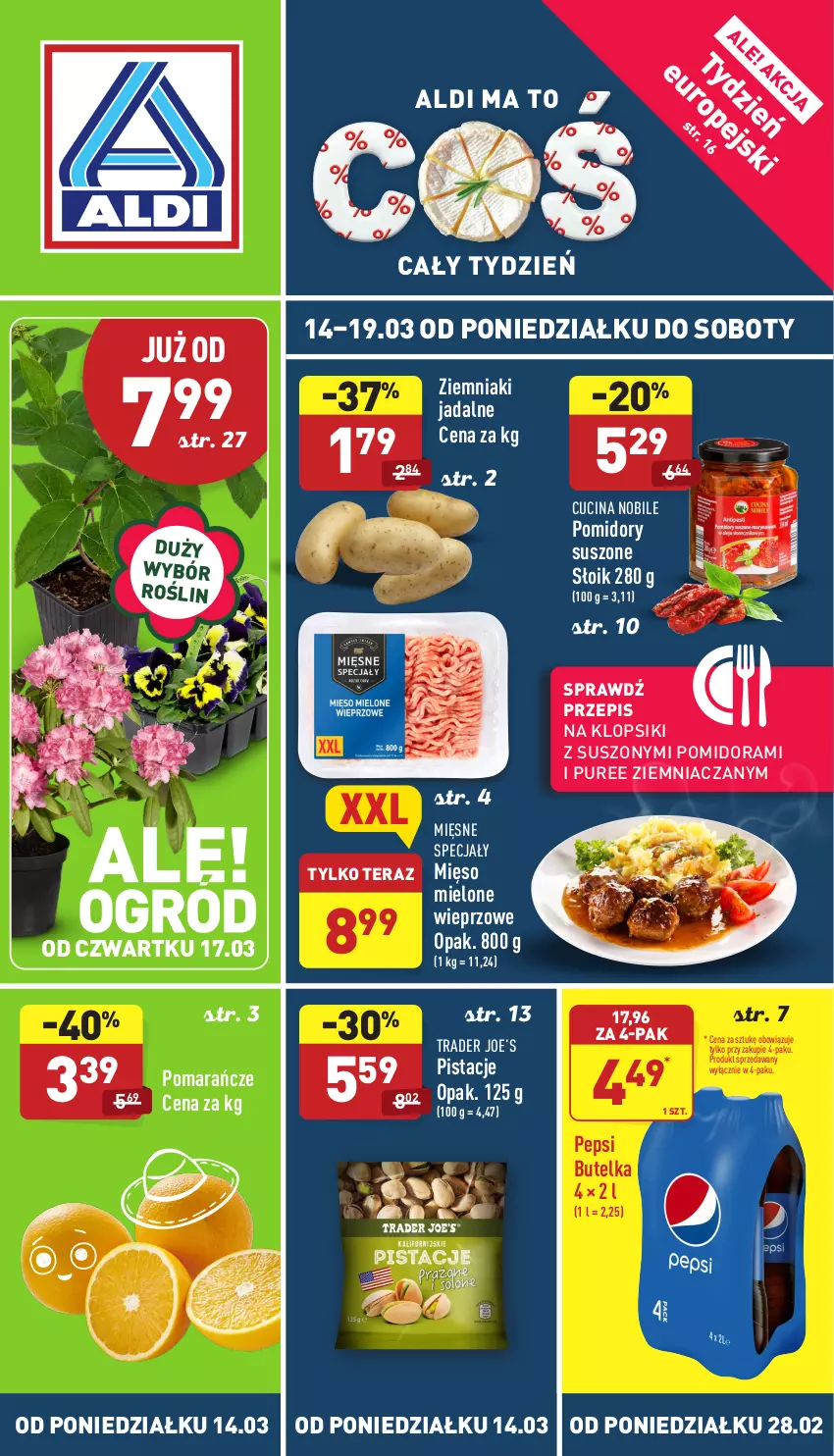 Gazetka promocyjna Aldi - Katalog spożywczy - ważna 14.03 do 19.03.2022 - strona 1 - produkty: Klopsiki, Mięsne specjały, Mięso, Mięso mielone, Pepsi, Pistacje, Pomarańcze, Pomidory, Pur, Tera, Ziemniaki