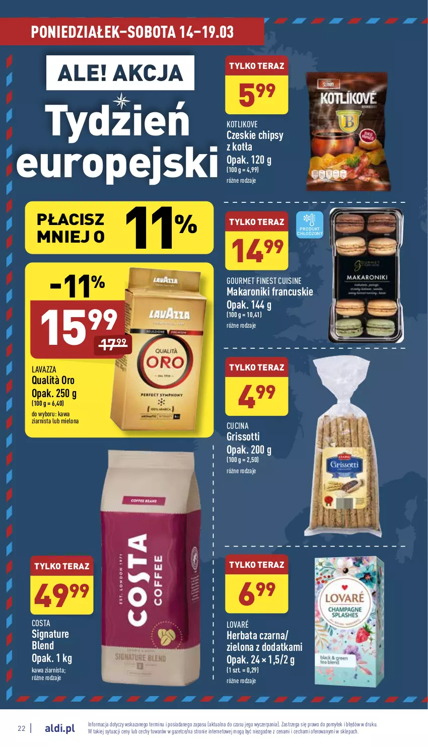 Gazetka promocyjna Aldi - Katalog spożywczy - ważna 14.03 do 19.03.2022 - strona 22 - produkty: Chipsy, Herbata, Herbata czarna, Kawa, Kawa ziarnista, Lavazza, Makaron, Tera