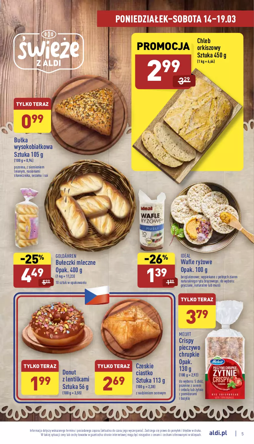 Gazetka promocyjna Aldi - Katalog spożywczy - ważna 14.03 do 19.03.2022 - strona 5 - produkty: Bazyl, Bułeczki, Bułeczki mleczne, Bułka, Chleb, Chrupki, Donut, Gry, Melvit, Mus, Piec, Pieczywo, Pieczywo chrupkie, Ryż, Ser, Sezam, Sok, Tera, Wafle