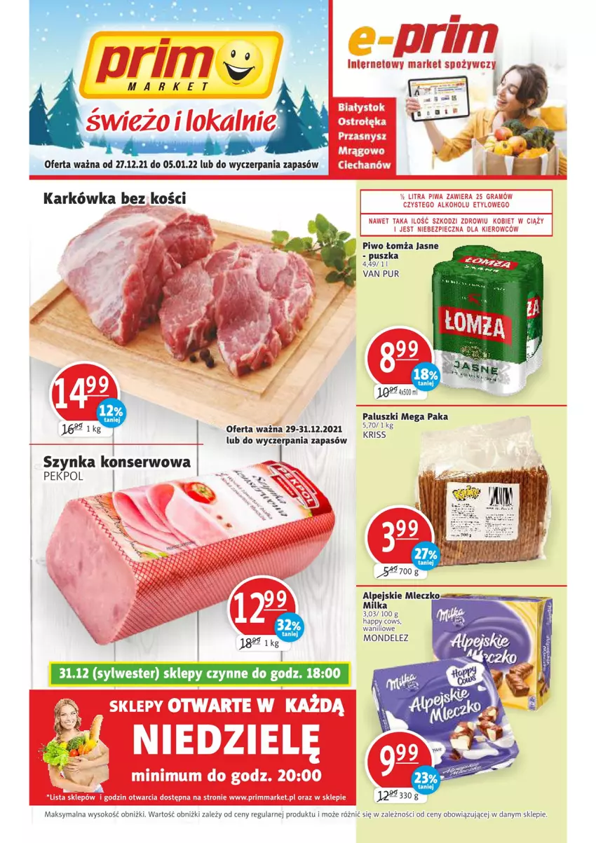 Gazetka promocyjna Prim Market - Gazetka - ważna 27.12.2021 do 05.01.2022 - strona 1 - produkty: Milka, Mleczko, Pekpol, Piwo, Pur, Ser, Sok, Szynka, Szynka konserwowa