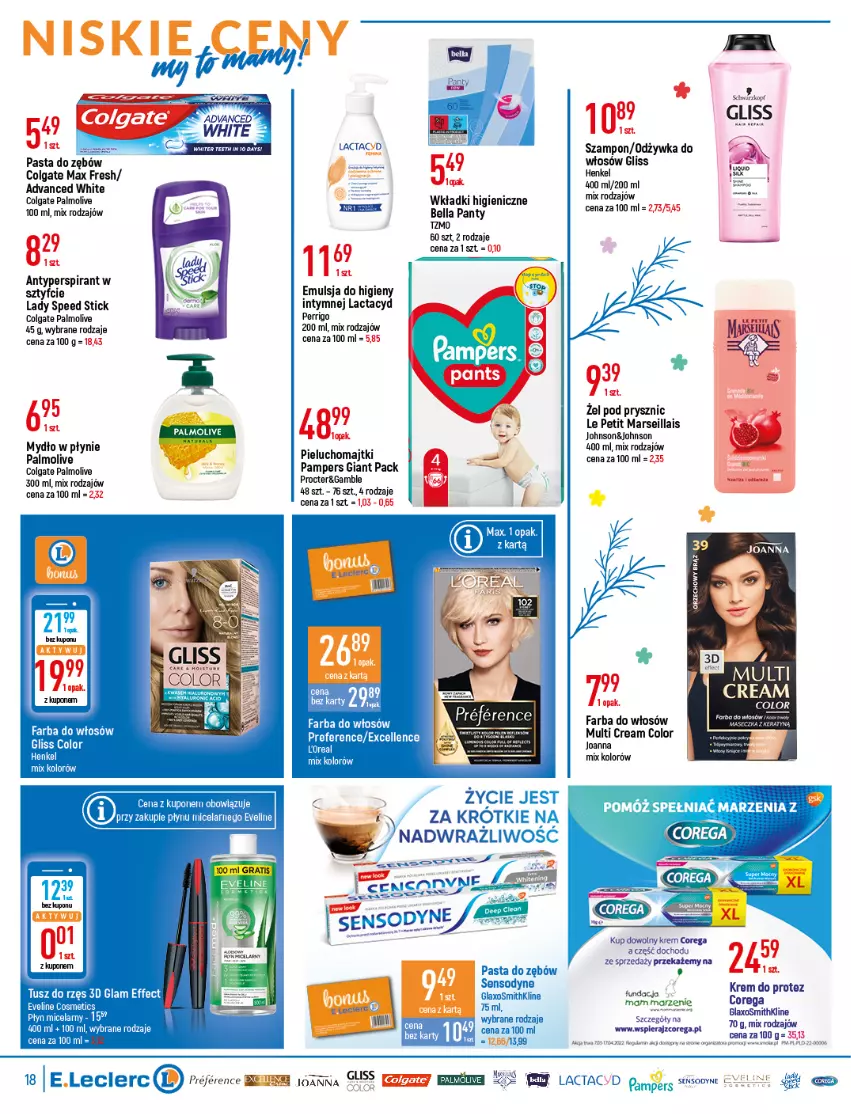 Gazetka promocyjna E Leclerc - ważna 05.04 do 16.04.2022 - strona 18 - produkty: Antyperspirant, Bell, Bella, Colgate, Corega, Emulsja, Fa, Farba do włosów, Joanna, Lactacyd, Lady Speed Stick, LG, Mars, Mydło, Mydło w płynie, Odżywka, Palmolive, Pampers, Sensodyne, Szampon, Wkładki