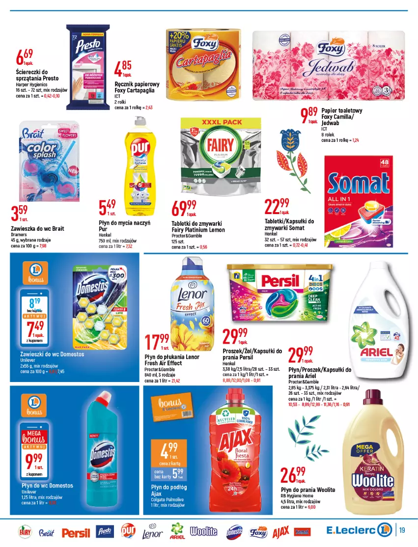 Gazetka promocyjna E Leclerc - ważna 05.04 do 16.04.2022 - strona 19 - produkty: Ajax, Ariel, Do mycia naczyń, Domestos, Fa, Fairy, Foxy, Gra, Lenor, Papier, Papier toaletowy, Persil, Płyn do mycia, Płyn do mycia naczyń, Płyn do płukania, Płyn do prania, Presto, Pur, Ręcznik, Rolki, Somat, Tablet, Tabletki do zmywarki, Tera, Woolite, Zawieszka do wc, Zmywarki