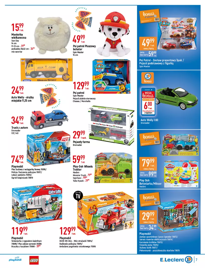 Gazetka promocyjna E Leclerc - ważna 05.04 do 16.04.2022 - strona 7 - produkty: Duck, Fa, Hasbro, Mars, Mobil, Monster truck, Ogród, Playmobil, Poduszka, Pojazd, Psi Patrol, Traktor, Wóz strażacki