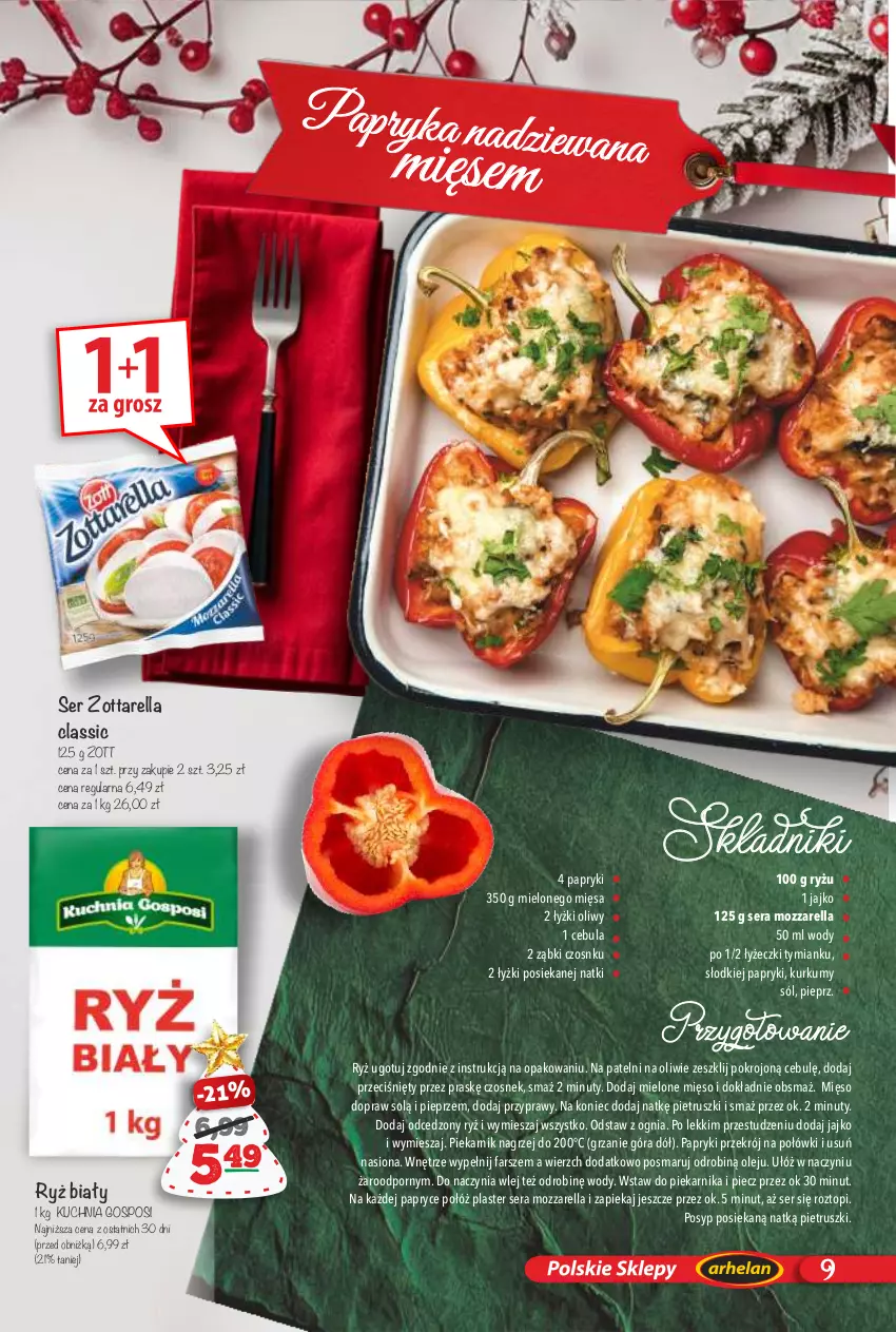 Gazetka promocyjna Arhelan - Gazetka - ważna 13.12.2024 do 05.01.2025 - strona 9 - produkty: Cebula, Czosnek, Fa, Kuchnia, Mięso, Mozzarella, Nuty, Olej, Papryka, Piec, Piekarnik, Pieprz, Por, Przyprawy, Ryż, Ryż biały, Ser, Sól, Top, Zott, Zottarella