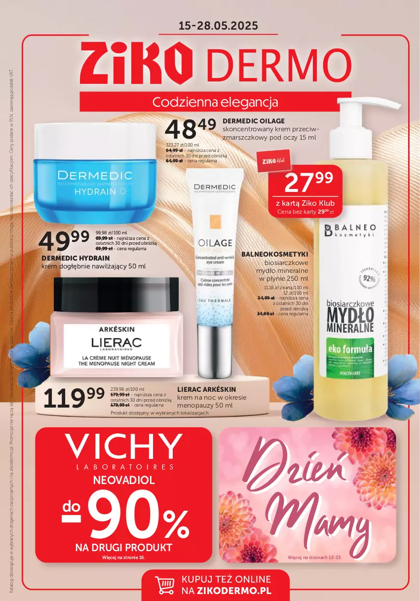 Gazetka promocyjna Ziko - Gazetka Ziko Dermo - ważna 15.05 do 28.05.2025 - strona 1 - produkty: Dermedic, Krem na noc, Krem przeciwzmarszczkowy, Lierac, Mars, Mydło