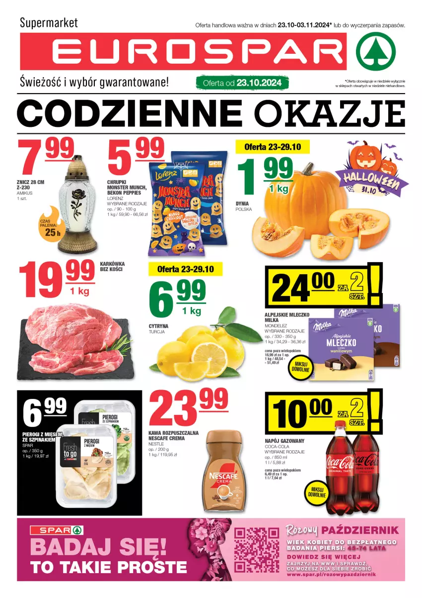 Gazetka promocyjna Spar - EuroSpar - ważna 20.10 do 30.10.2024 - strona 1 - produkty: Beko, Chrupki, Coca-Cola, Kawa, Kawa rozpuszczalna, Lorenz, Milka, Mleczko, Monster Munch, Napój, Napój gazowany, Pierogi, Por, Sok, Szpinak, Znicz