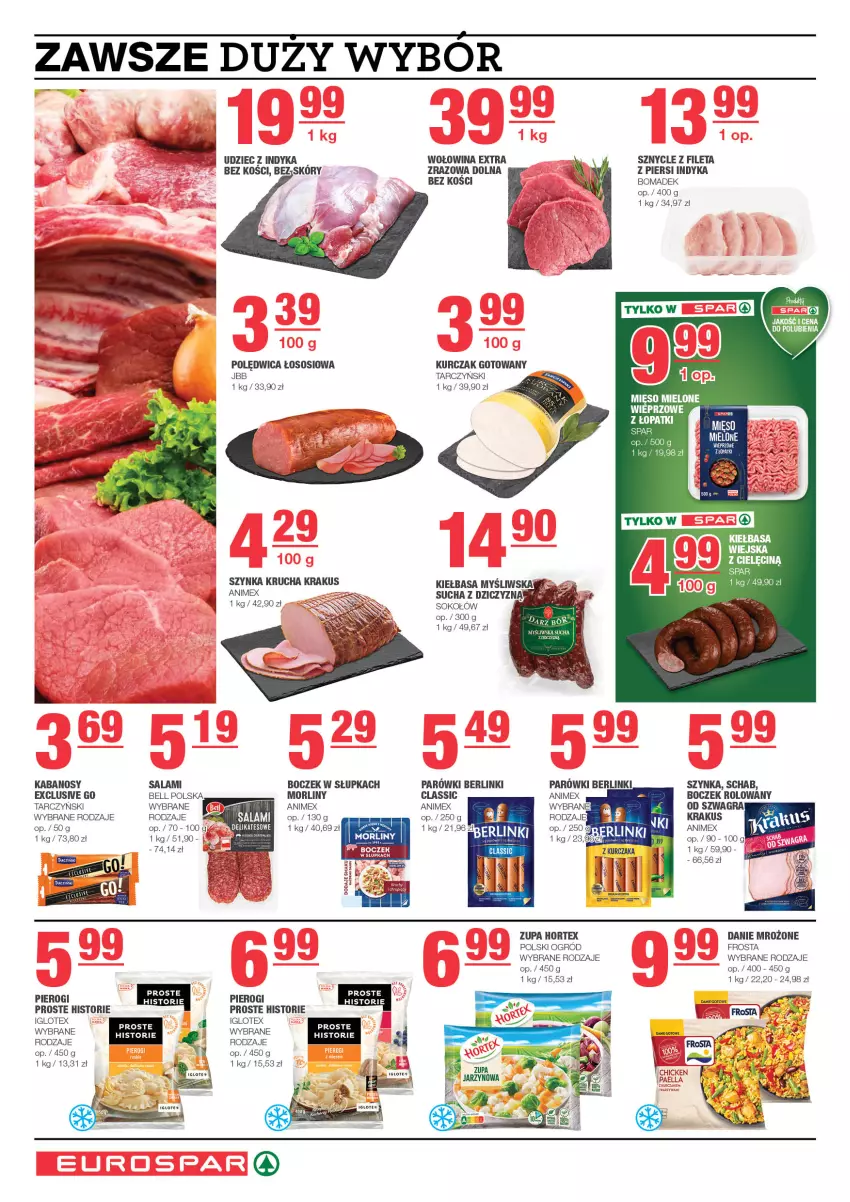 Gazetka promocyjna Spar - EuroSpar - ważna 20.10 do 30.10.2024 - strona 4 - produkty: Bell, Berlinki, Boczek, Frosta, Gra, Hortex, Kabanos, Kiełbasa, Krakus, Kurczak, Kurczak gotowany, Morliny, Parówki, Pierogi, Polędwica, Salami, Sos, Szynka, Udziec z indyka, Wołowina, Zupa