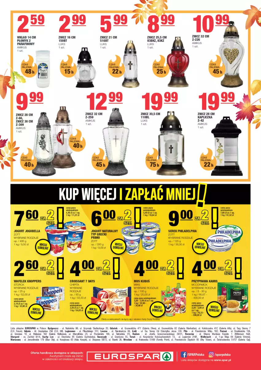 Gazetka promocyjna Spar - EuroSpar - ważna 20.10 do 30.10.2024 - strona 8 - produkty: 7 Days, Bell, Bella, Croissant, Dzieci, Fa, Gra, Jogobella, Jogurt, Jogurt naturalny, Kamis, Knoppers, Kosz, Kubuś, Mus, Philadelphia, Rum, Ser, Serek, Wafelek, Znicz, Zott