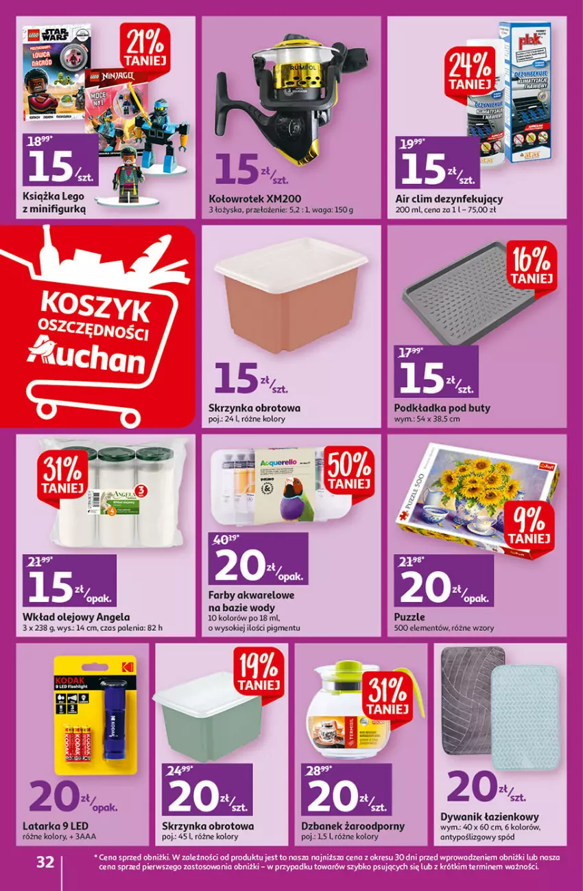 Gazetka promocyjna Auchan - Gazetka Koszyk Oszczędności Hipermarket Auchan - ważna 09.02 do 15.02.2023 - strona 32 - produkty: Dywan, Dywanik, Fa, Książka, Latarka, LEGO, O nas, Olej, Sok, Tarka, Waga, Wkład olejowy