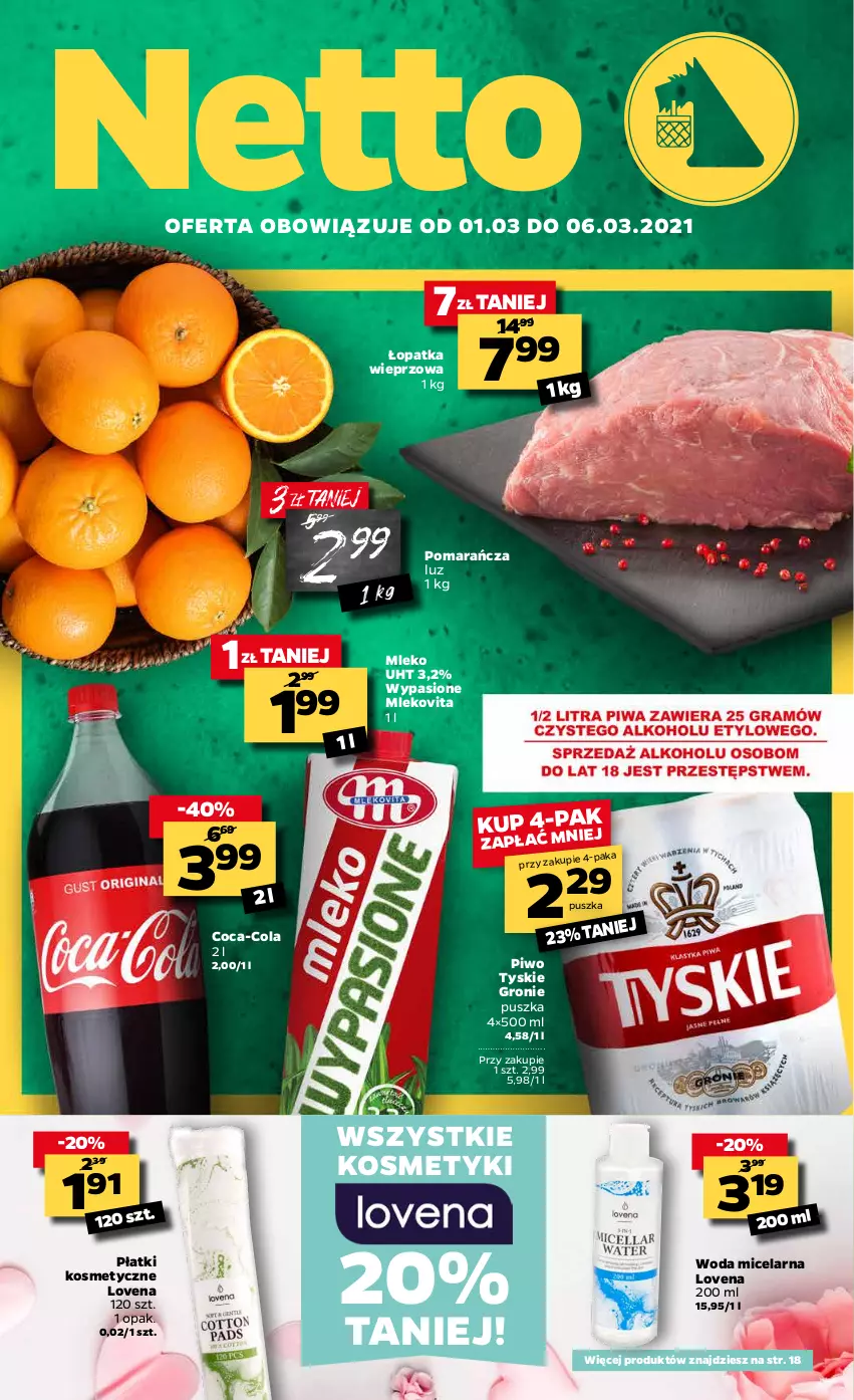 Gazetka promocyjna Netto - Oferta tygodnia - ważna 01.03 do 06.03.2021 - strona 1 - produkty: Coca-Cola, Mleko, Mlekovita, Piwo, Płatki kosmetyczne, Tyskie, Woda, Woda micelarna