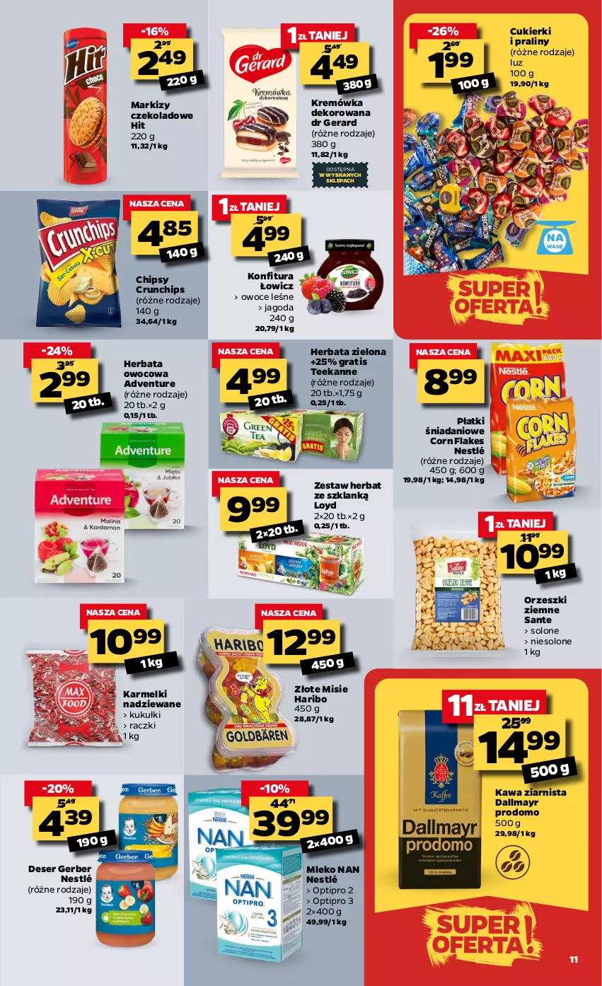 Gazetka promocyjna Netto - Oferta tygodnia - ważna 01.03 do 06.03.2021 - strona 11 - produkty: Chipsy, Corn flakes, Crunchips, Cukier, Cukierki, Dallmayr, Danio, Deser, Dr Gerard, Gerber, Gra, Haribo, Herbata, Herbata owocowa, Kawa, Kawa ziarnista, Konfitura, Kremówka, Loyd, Mleko, Nestlé, Orzeszki, Orzeszki ziemne, Owoce, Praliny, Sante, Ser, Teekanne