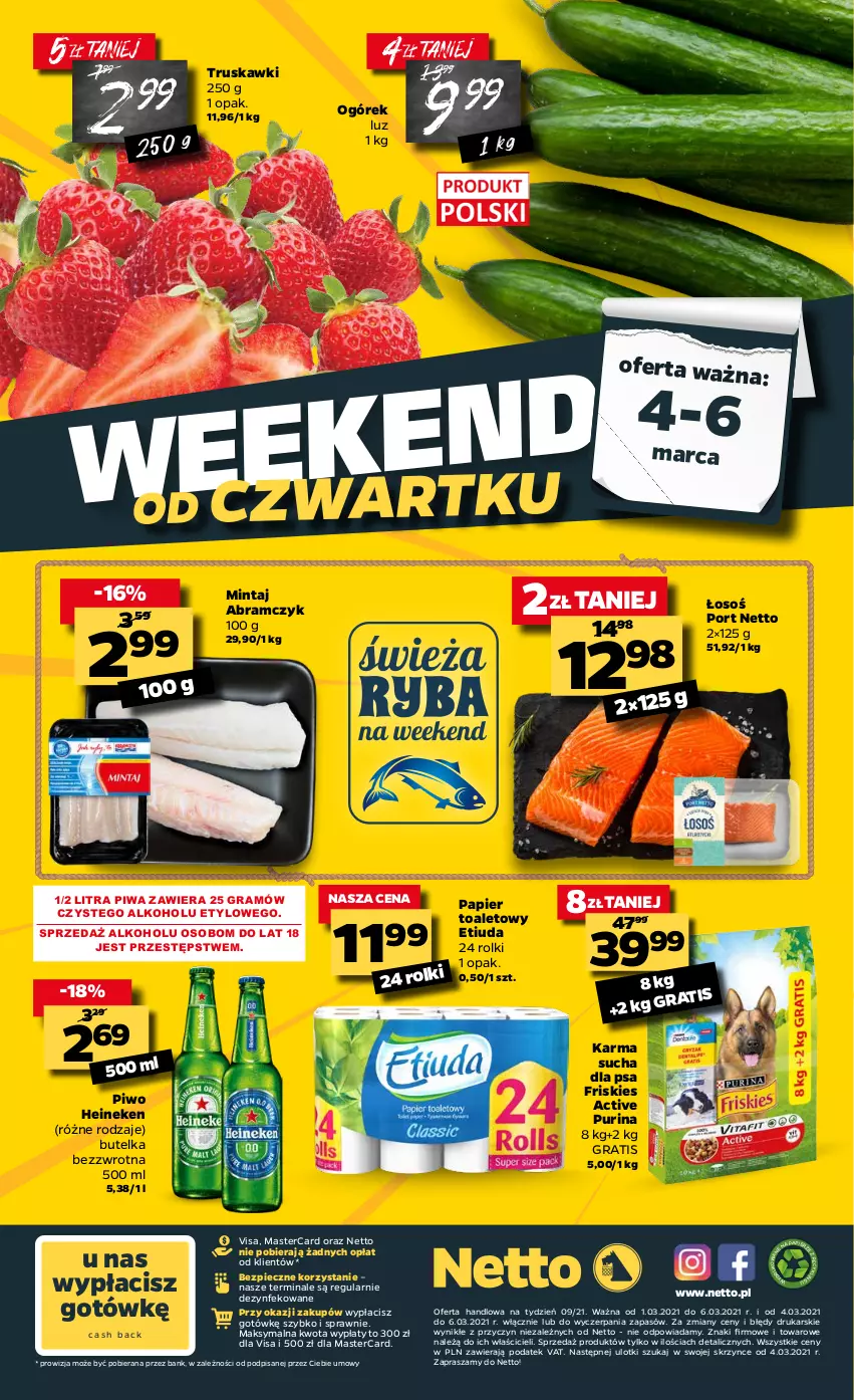 Gazetka promocyjna Netto - Oferta tygodnia - ważna 01.03 do 06.03.2021 - strona 20 - produkty: Friskies, Gra, Heineken, Mintaj, Ogórek, Papier, Papier toaletowy, Piec, Piwa, Piwo, Por, Pur, Purina, Rolki, Truskawki