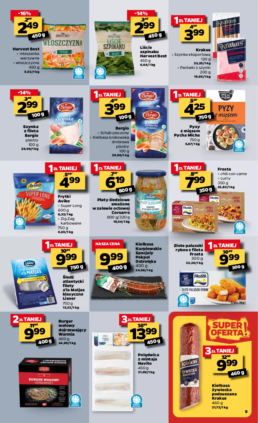 Gazetka promocyjna Netto - Oferta tygodnia - ważna 01.03 do 06.03.2021 - strona 9 - produkty: Burger, Frosta, Frytki, Kiełbasa, Kiełbasa krakowska, Krakus, Lisner, Matjas, Mieszanka warzyw, Mintaj, Paluszki rybne, Parówki, Parówki z szynki, Pekpol, Piec, Płaty śledziowe, Polędwica, Por, Schab pieczony, Sport, Szpinak, Szynka