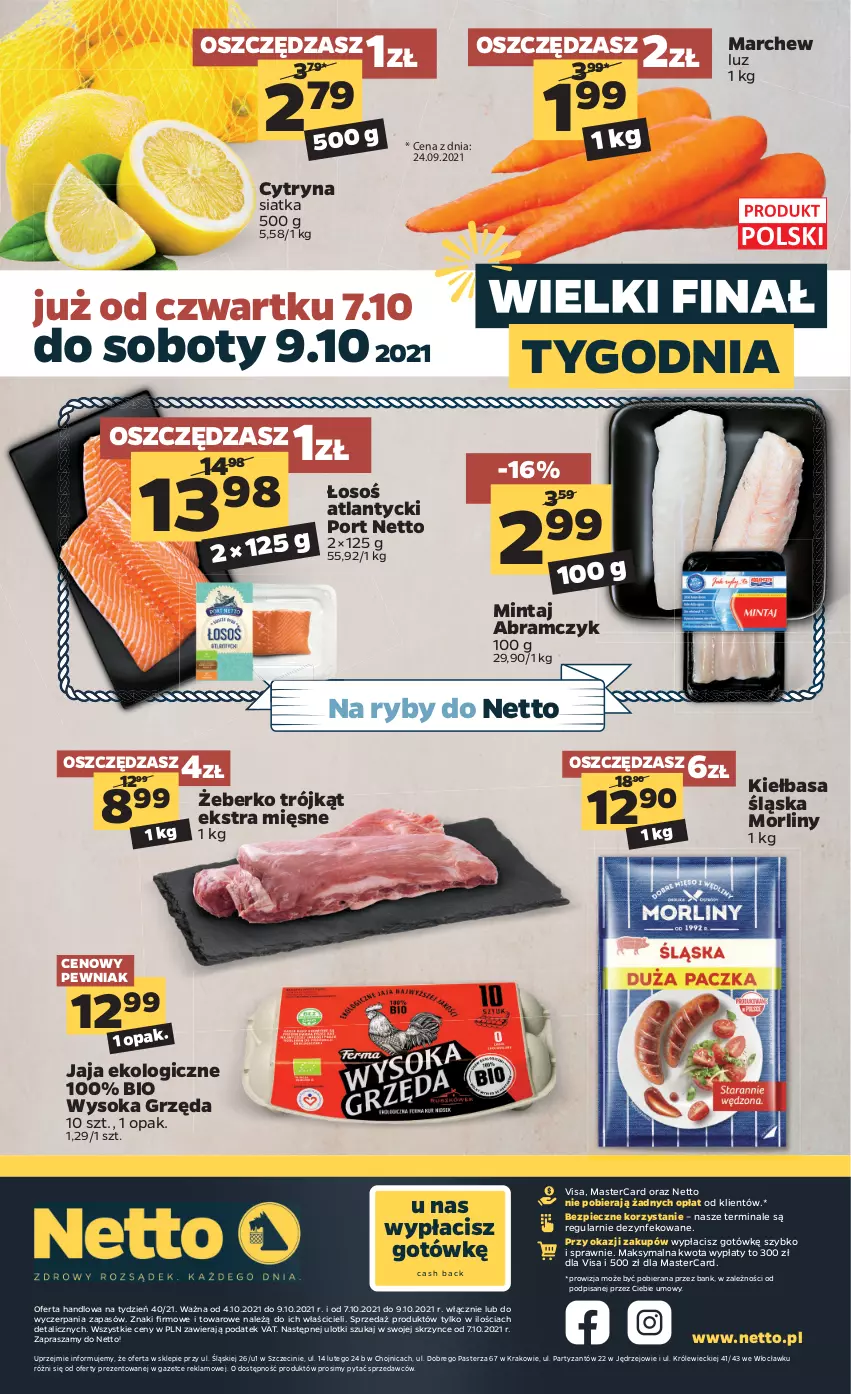 Gazetka promocyjna Netto - Gazetka spożywcza - ważna 04.10 do 09.10.2021 - strona 16 - produkty: Jaja, Kiełbasa, Kiełbasa śląska, Mintaj, Morliny, Piec, Por, Siatka, Sok