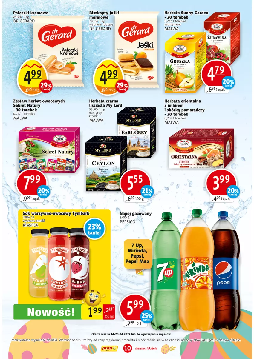 Gazetka promocyjna Prim Market - ważna 14.04 do 20.04.2022 - strona 10 - produkty: Biszkopty, Dr Gerard, Herbata, Herbata czarna, Imbir, Kret, Mirinda, Napój, Napój gazowany, Pepsi, Pepsi max, Sok, Torebka, Tymbark