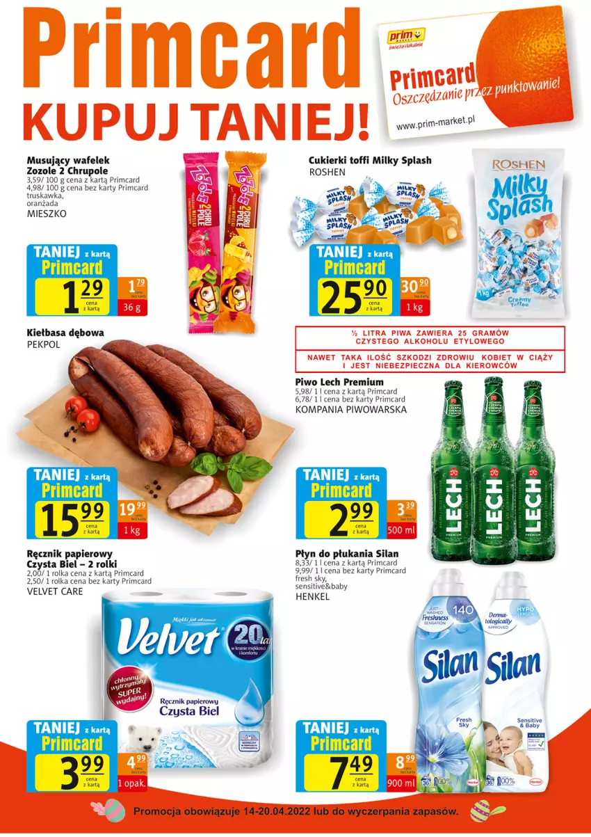 Gazetka promocyjna Prim Market - ważna 14.04 do 20.04.2022 - strona 8 - produkty: Cukier, Cukierki, Kiełbasa, Lech Premium, Mus, Oranżada, Papier, Pekpol, Piwo, Płyn do płukania, Ręcznik, Rolki, Silan, Velvet, Wafelek