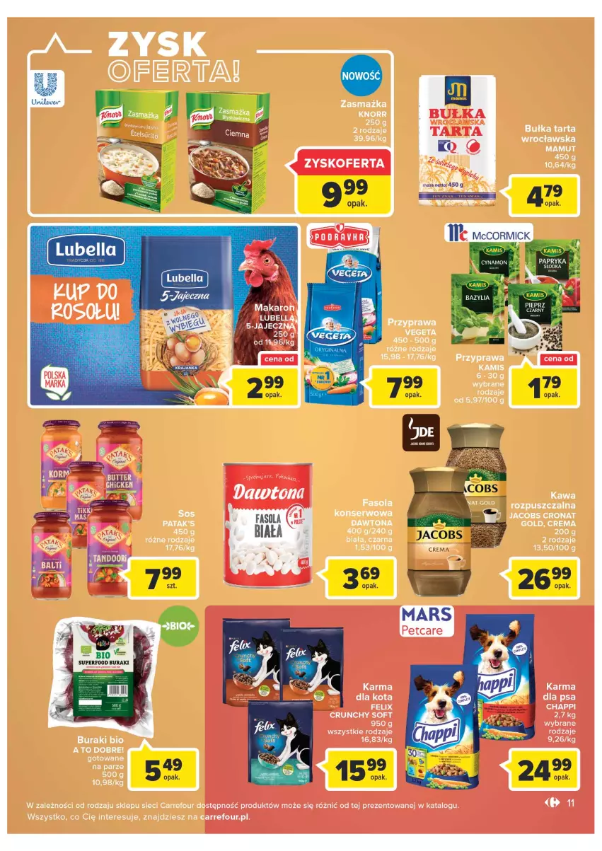 Gazetka promocyjna Carrefour - Gazetka Carrefour - ważna 08.11 do 19.11.2022 - strona 13 - produkty: Bułka, Bułka tarta, Buraki, Chappi, Dawtona, Fa, Fasola, Felix, Jacobs, Kawa, Kawa rozpuszczalna, Knorr, Tarta, Vegeta