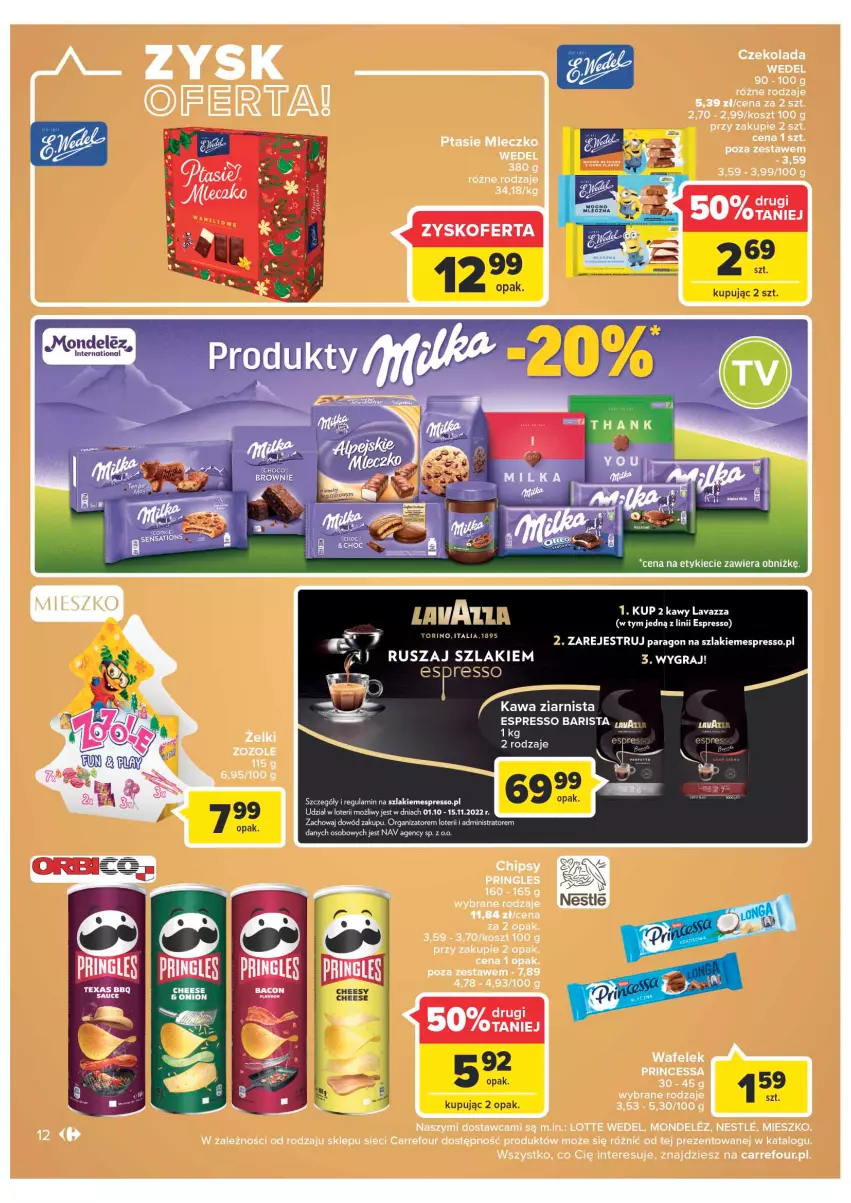 Gazetka promocyjna Carrefour - Gazetka Carrefour - ważna 08.11 do 19.11.2022 - strona 14 - produkty: Chipsy, Czekolada, Gra, Kawa, Kawa ziarnista, Kosz, Lavazza, Mleczko, Princessa, Pringles, Ptasie mleczko, Wafelek