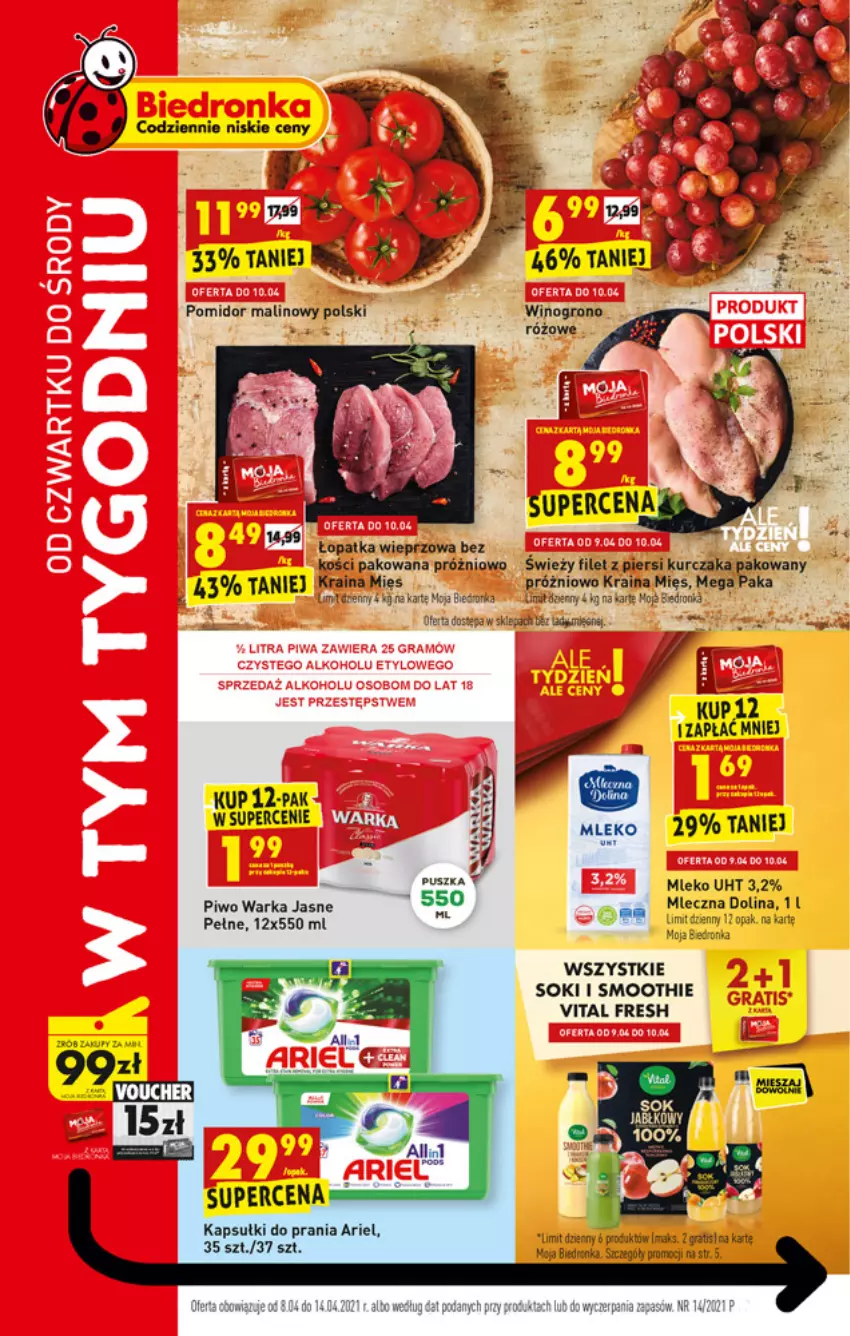 Gazetka promocyjna Biedronka - W tym tygodniu - ważna 08.04 do 14.04.2021 - strona 1 - produkty: Ariel, Dron, Fa, Filet z piersi kurczaka, Gra, Kurczak, Mleko, Piwo, Smoothie, Sok, Warka, Wino