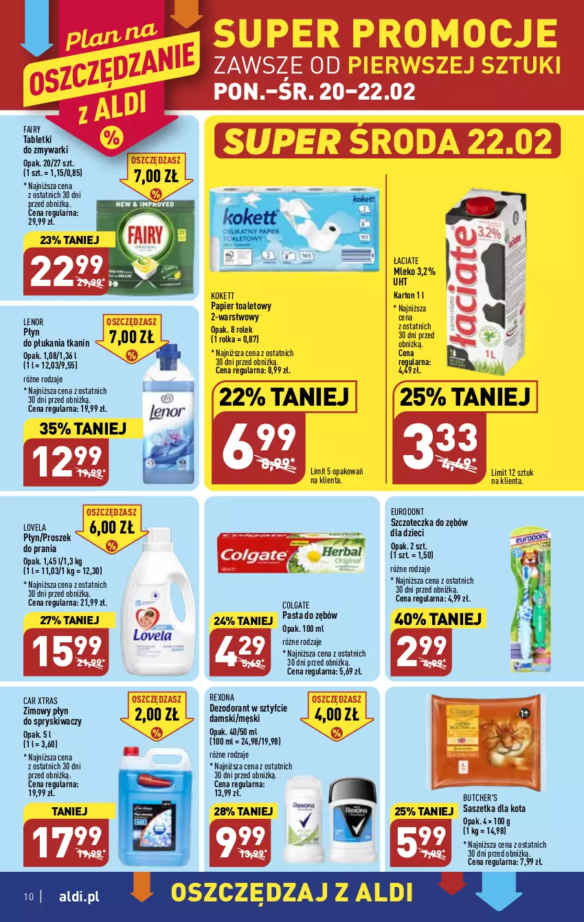 Gazetka promocyjna Aldi - Pełny katalog - ważna 20.02 do 25.02.2023 - strona 10 - produkty: Butcher's, Colgate, Dezodorant, Dzieci, Fa, Fairy, Lenor, LG, Lovela, Mleko, Papier, Papier toaletowy, Pasta do zębów, Płyn do płukania, Płyn do spryskiwaczy, Proszek do prania, Rexona, Szczoteczka, Szczoteczka do zębów, Tablet, Tabletki do zmywarki, Zmywarki