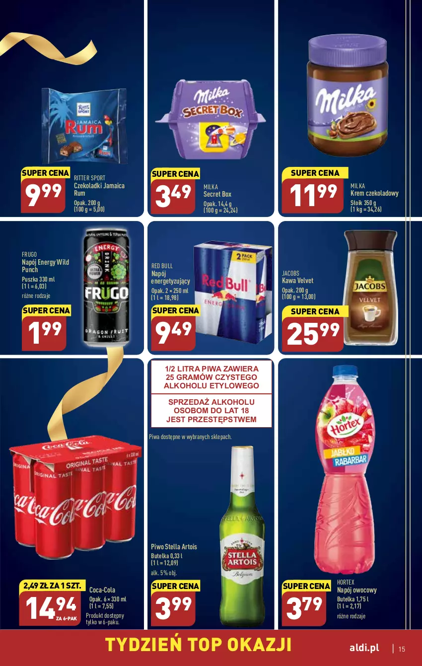 Gazetka promocyjna Aldi - Pełny katalog - ważna 20.02 do 25.02.2023 - strona 15 - produkty: Coca-Cola, Gra, Hortex, Jacobs, Kawa, Milka, Napój, Piwa, Piwo, Por, Red Bull, Ritter Sport, Rum, Sport, Top, Velvet