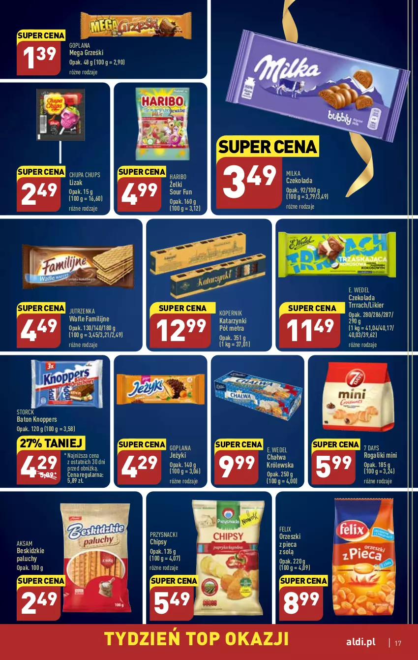 Gazetka promocyjna Aldi - Pełny katalog - ważna 20.02 do 25.02.2023 - strona 17 - produkty: 7 Days, Aksam, Baton, Beskidzki, Chałwa, Chipsy, Chupa Chups, Czekolada, E. Wedel, Fa, Felix, Goplana, Grześki, Haribo, Jeżyki, Jutrzenka, Knoppers, LANA, Likier, Milka, Orzeszki, Piec, Przysnacki, Rogal, Top, Wafle