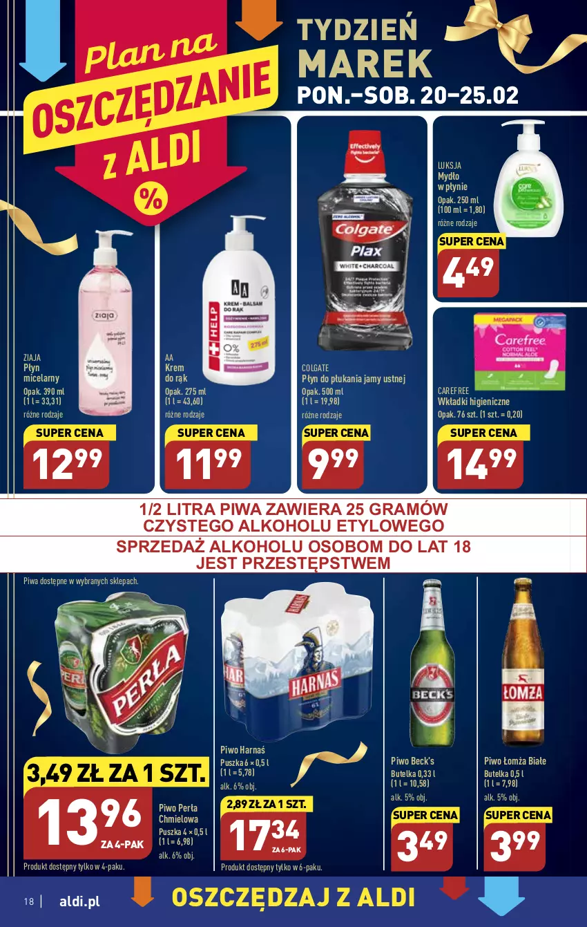 Gazetka promocyjna Aldi - Pełny katalog - ważna 20.02 do 25.02.2023 - strona 18 - produkty: Carefree, Colgate, Gra, Harnaś, Krem do rąk, LG, Luksja, Mydło, Mydło w płynie, Perła, Piwa, Piwo, Płyn do płukania, Płyn do płukania jamy ustnej, Płyn micelarny, Wkładki, Ziaja