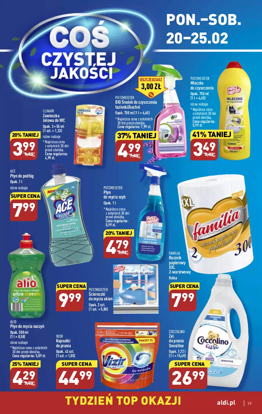 Gazetka promocyjna Aldi - Pełny katalog - ważna 20.02 do 25.02.2023 - strona 19 - produkty: Clin, Coccolino, Do mycia naczyń, Fa, Kapsułki do prania, Mleczko, Papier, Płyn do mycia, Płyn do mycia naczyń, Putzmeister, Ręcznik, Top, Vizir