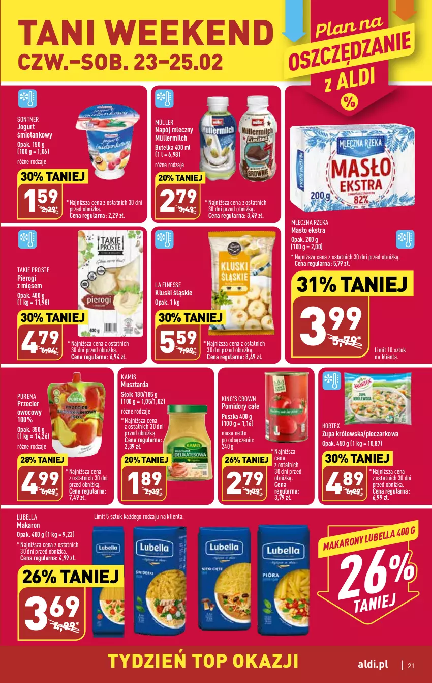 Gazetka promocyjna Aldi - Pełny katalog - ważna 20.02 do 25.02.2023 - strona 21 - produkty: Bell, Bella, Hortex, Jogurt, Kamis, Lubella, Makaron, Masło, Mleczna Rzeka, Müller, Müllermilch, Mus, Musztarda, Napój, Napój mleczny, Piec, Pierogi, Pomidory, Pur, Top, Zupa